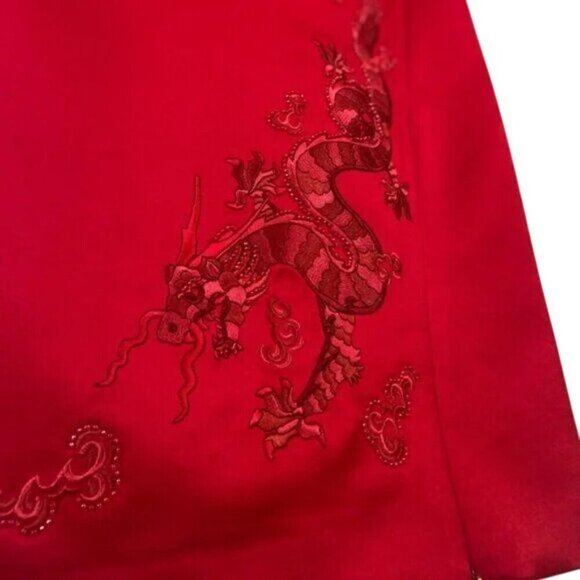 Maggy London Beaded Dragon Cocktail Dress with Leg Slit in Ruby Red Size 4 - Picture 2 of 6